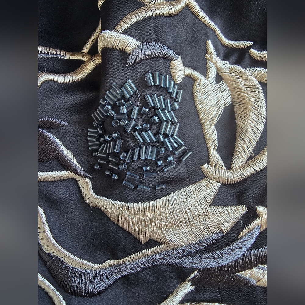White House Black Market Strapless Black Dress with Gold Floral Design - Picture 6 of 14